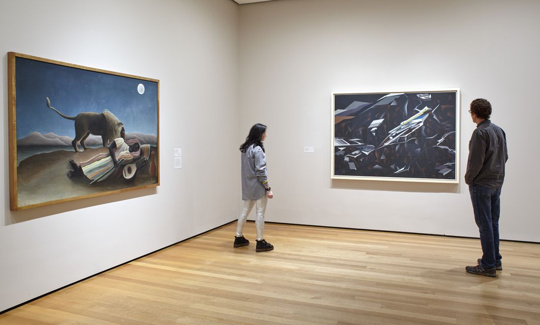 Installation view of the collection galleries at The Museum of Modern Art, New York. At right, Zaha Hadid's "The Peak Project, Hong Kong, China, 1991"<br>